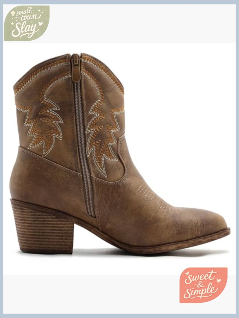 Cowgirl Ankle Boots with Stitching Low Heel Side Zipper Memory Foam Pointed Toe - Picture 4 of 7